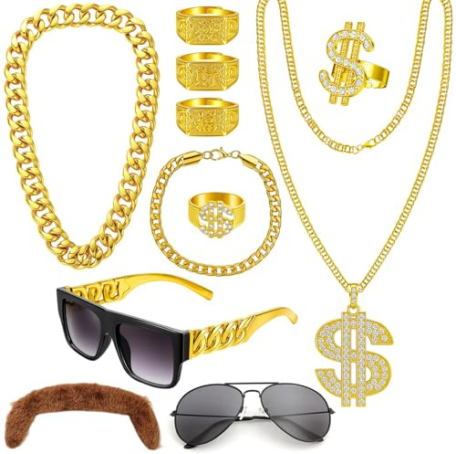 Zuhälter Kostüm, Faschingskostüme, 11 Stück Karneval Kostüm Herren inklusive Goldkette Herren Sonnenbrille Goldene Dollar Kette Ring und Bart, 80er 90er Jahre Outfit Herren für Cosplay Karneval Party