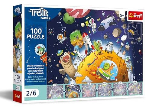 Trefl - Puzzle 100 Teile, Treflik im Weltraum, Die Familie Treflik, 5+ | Fördert Konzentration und Beobachtungsgabe, hohe Qualität, detailreiches Puzzle, farbenfrohes Puzzle für Kinder