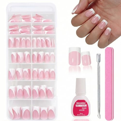 140Pcs French Tip Press on Nails - Short Square Fake Nails Set with Glue - Nude French False Nails 14Sizes - Full Cover Acrylic Stick on Nails for Women - DIY Nail Extensions Manicure Nail Art Kit