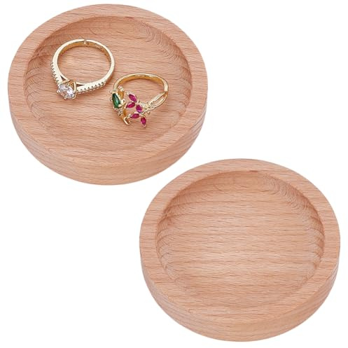 HOBBIESAY 2 Stück Runde Holz Ring Schale Holz Schmuck Schale 2.76 x 0.79 Zoll Kleine Badezimmer Waschtisch Schalen Hochzeit Ring Halter Organizer für Halskette Armband Display Hochzeitsfeier Deko