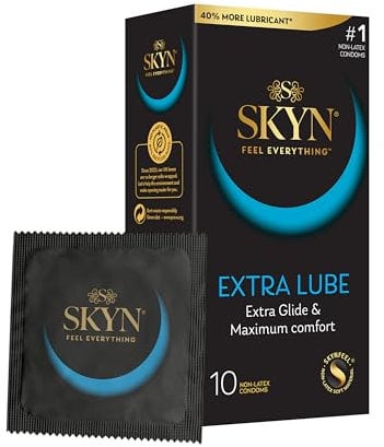 SKYN Extra Lube Condoms (10-Pack) SKYNFEEL Latex Free Condoms for Men, Regular Size, Extra Lubricated, Thin, Smooth Straight Shape, Lubricated, 53mm Wide
