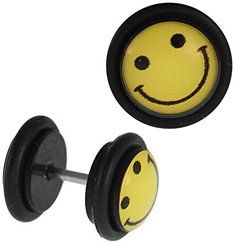 Chic-Net Faux piercing plug noir visage smiley rieur jaune anneau en caoutchouc 7 mm