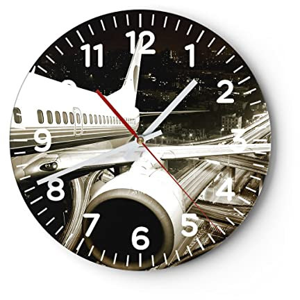 Modern Wanduhr Flugzeug Straßen Stadt 40x40cm Rund Groß Wand Uhr Glas Analog Zimmeruhren Küche Büro Wohnzimmer Glasuhr Wall Clock Dekoration Design Wanddekoration Küchenuhr C4AR40x40-0180