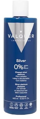 Valquer Champú Matizador Silver Platinum Zero para Cabello Rubio o Decolorado. Mantiene el Color, Limpia, Nutre y Matiza los Tonos Amarillos o Anaranjados con Malakita, Vitamina E y Pantenol. 400 ml.