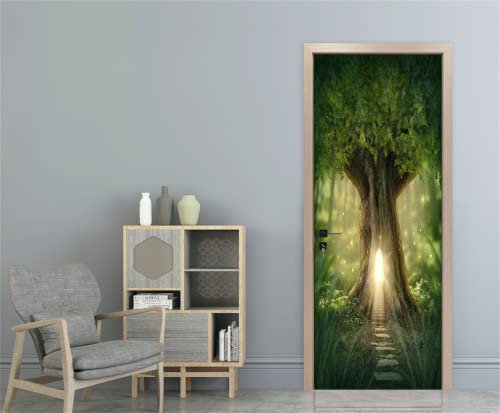 FLFK 3D Door Stickers Peel and Stick 77x200cm,Self-Adhesive Door Murals Wallpaper Wall Poster Waterproof Fantasy Tree House Decals for Home Decor(2Pcs/Set)