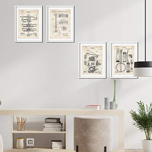 Nacnic Musikinstrument Patent Poster 4er-Set | Posterset mit Erfindungen und alten Werkzeugen | Bilder von Trompete, Gitarre, Banjo und Gramophon | Größe A4.
