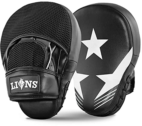 Lions Curved Focus Pads Hook & Jabs Gloves Punch Bag Mitts Boxing MMA Kick Training (Max Star White)