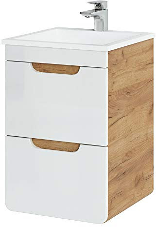 Lomadox Waschtisch mit 42 cm Unterschrank Badmöbel Set, Hochglanz weiß mit Wotan Eiche Nb., 2 Softclose Schubkästen, Keramik-Waschbecken