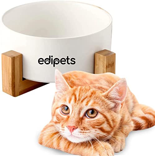 Edipets, Comedero Perro Gato, 400, 800 y 1900 ml, Cerámica, Individual y Doble, Soporte de Bambú Antideslizante, Pequeño Mediano y Grande, 5 Colores (Simple Pequeño, Blanco)