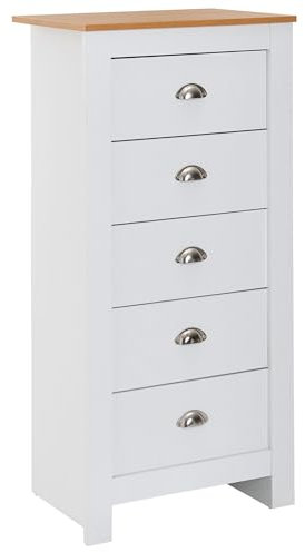 FineBuy Sideboard mit 5 Schubladen 53x114x39 cm Kommode Weiß/Eiche Modern, Design Anrichte Hoch Schmal, Schubladenkommode Wohnzimmer