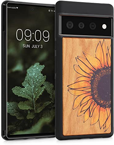 kwmobile Hülle kompatibel mit Google Pixel 6 Pro Hülle - Holz Case - Handy Cover - TPU Handyhülle in Gelb Dunkelbraun Hellbraun Wood Sunflower