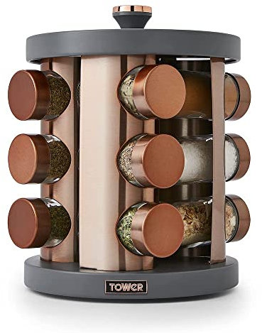 Tower T826022GRY Cavaletto 12 Jar Rotating Spice Rack with Pre-Filled Spices, Grey and Rose Gold