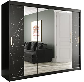 Kleiderschrank Kamoga T2, Schwebetürenschrank mit 2 Kleiderstangen und Spiegel, Marmor Muster, Schiebetürenschrank für Schlafzimmer (Modell 250, ohne Schubladen, Schwarz / Marmor Schwarz + Gold)