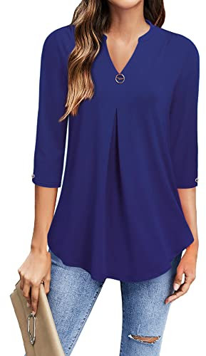 Gaharu Elegante Festliche Tunika Bluse für Damen 3/4 Ärmel Tshirt Frauen V-Ausschnitt Damenhemdblusen Business Berufs Damenoberteil Lang Sommer Women Modern Lässige Polyester Mode 2022 Blau Violett,M