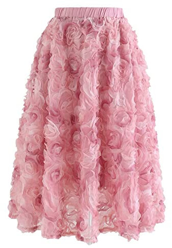 CHICWISH Damen 3D Pinky Rose Mesh Tüll Elastische Taille Rock, Pink-3D-Netzrose, Mittel