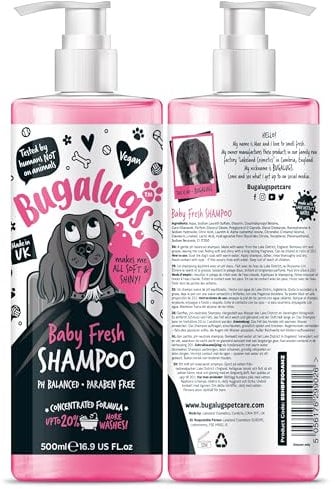 BUGALUGS Baby Fresh Dog Shampoo grooming products for smelly dogs with baby powder scent, best puppy shampoo and conditioner, Vegan pet shampoo professional (1x500ml)