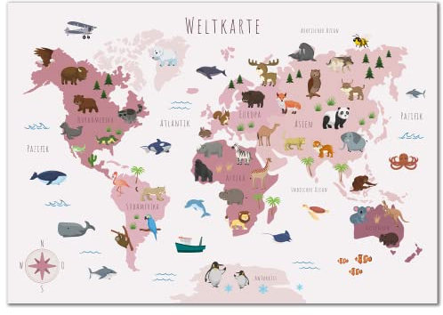 Kinderzimmer Weltkarte Poster mit mehr als 50 Tieren I Bunte Tierweltkarte Wanddeko für Jungen und Mädchen I Hochwertiger Druck (Rosa, 70x50cm)