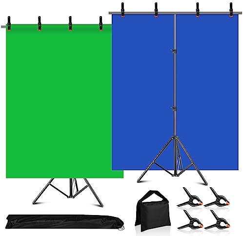 MSKIRA Telón de fondo de pantalla azul y verde con kit de soporte, soporte ajustable en forma de T 2 en 1, fondo reversible azul verde, 4 abrazaderas, bolsa de arena