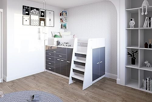 Marlux-Meble Hochbett JSM-1 80x190 TREPPE RECHTS 129 cm Hoch mit Kleiderschrank Schreibtisch Schränke Hochglanz Funktionsbett Etagenbett Stockbett Kinderhochbett Jugendhochbett (Graphit Glanz)