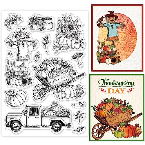 ORIGACH Herbsternte Klarer Stempel für Kartenherstellung Kürbis Vogelscheuche Pika Sonnenblume Gefallene Blätter Transparente Silikonstempel für DIY Scrapbooking Journaling Fotoalbum Dekorativ