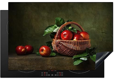 KitchenYeah© Herdabdeckplatte Einteilig Abdeckplatten Cerankochfeld Abdeckung Ceranfeld Herdplattenabdeckung Induktionsmatte Trauben - Rustikal - Apfel - Obst - Rot - Korb - 81x52 cm