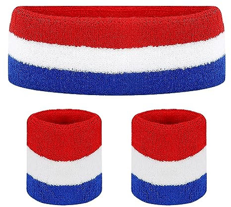 HXMJIED Sports Sweatbands Headband Wristband Set (1psc Headband + 2pcs Wristband) Red White Blue Striped Sports Headband Wristband Cotton Elastic Sweat Band for Basketball Tennis Exercise