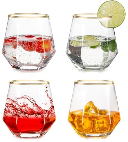 Inweder Trinkgläser 4er Set - Stiellose Weingläser Au Wodka Gläser Goldrand Whiskey Gläser Kraken Rum Glas Geometrische Whisky Tumbler Geschenkset für Männer Geburtstag Vatertag Jahrestag
