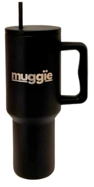 muggïe 1L | Thermos avec poignée et paille | idéal pour la salle de sport | Mug isotherme de grande contenance | Compatible avec les porte-gobelets | Cadeau pour elle ou lui (noir)
