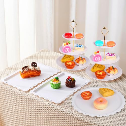 AWCIGG® Juego de 6 Piezas de Soporte de Tarta Estilo Vintage Blanco, 2 Soporte para Tartas de 3 Pisos + 2 Bandejas de Postre Rectangulares + 2 Platos Redondos para Fiestas Bodas Cumpleaños Navidad