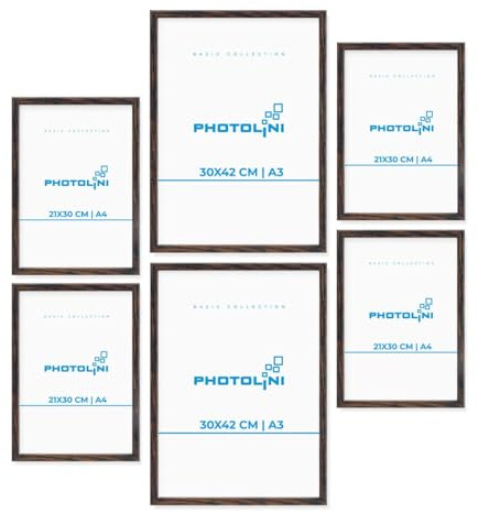 PHOTOLINI dunkel Eiche Bilderrahmen Set verschiedene Größen, 6 Bilderrahmen braun Holz MDF, Bilder Rahmen mit Acrylglas, No.7 Bilderrahmenset Aufhängen, Fotorahmen Set mit Zubehör für Fotos & Poster