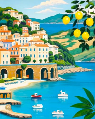 TISHIRON Peinture par numéros pour Adultes Atrani Citrons Côte Amalfitaine Adultes Kits de Peinture par numéros sur Toile Peinture Acrylique numérique par numéros Kits Peinture à l'huile par numéros