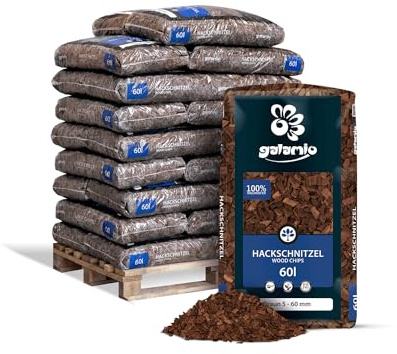 GALAMIO Holzhackschnitzel Brau Hackschnitzel Mulch Natur Wald Kiefer Pinus Sylvestris Garten Dekor Holz Häcksel Grob 5-60mm 60l x 26 Sack 1.560l / 1 Palette