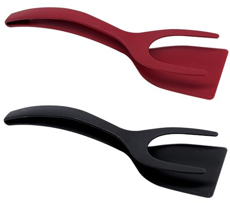KUIRUNRX® Espátula para Huevos Fritos, Antiadherente2 en 1 con Pinza para Alimentos, Espátula de Huevo Frito, Adecuada para Agarrar y Girar Huevos y Tortitas(Negro y Rojo)