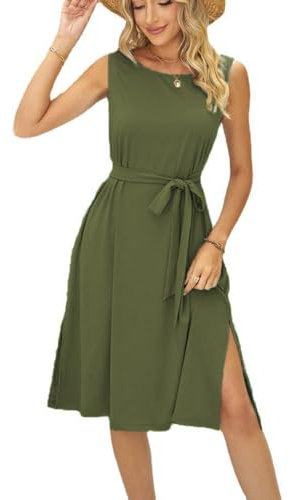 Yageshark Sommerkleid Damen Rundhals Tank Top Kleider Freizeitkleid Locker Ärmellos Einfarbig Midikleid Luftig mit Taschen (Grün,S)