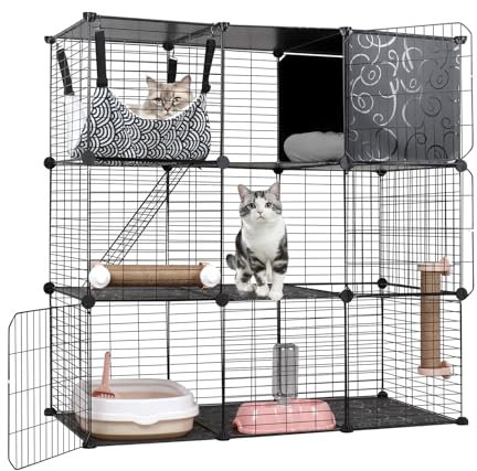 BriSunshine Cat Cages Indoor, 3 Tier DIY Cat Enclosure with Large Hammock, Metal Wire Pet House Kennels Crate Catio with Litter Box, Bed, Scratchers, Bowl, Stairs for 1-2 Cats