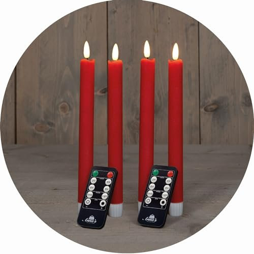 Stabkerzen LED mit Timer ROT 4 Stück ROT indoor - 6 Stunden - ECHTWACHS 18cm Höhe für Kerzen 2,2cm Durchmesser 2 AAA Batterien notwendig LED Stabkerzen flackernde Flamme bewegliche Flamme Licht