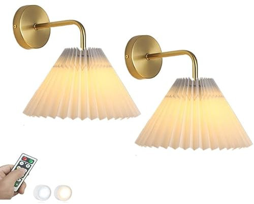 ADYOLTB Version améliorée Lot de 2 appliques murales dorées à piles sans fil avec abat-jour en tissu plissé, lampe LED à intensité variable, rechargeable par USB, applique murale noire pour intérieur,