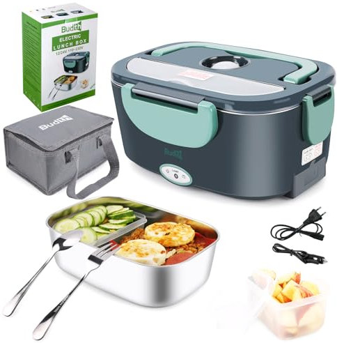 Budth 80W Scaldavivande Elettrico, Scaldavivande Portatile per Auto e Casa, Contenitore Rimovibile in Acciaio Inossidabile 304, Forchetta e Cucchiaio SS e Borsa Per il Trasporto (Grigio+Verde)