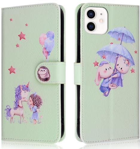 Butnyeoe for iPhone 12 Phone Case,iPhone 12 Pro Wallet Case,PU Leather Magnetic Book Flip Protective Cover with Card Holder,Cute Unicorn Green