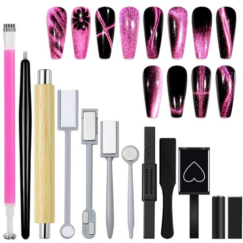 Laza 12 Pcs Nail Magnet Set, Super Strong Cylinder Magnet, Heart Magnet for Nails Double-head Magnet Wands for Magnetic Nails, 9D Galaxy Cat Eye Nail Art, Magnetic Nail Polish