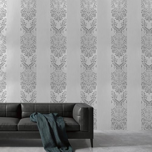 Beswitory Luxury Silver Grey Damask Wallpaper Metallic Grey Luxury Floral Patterns Embossed Flocking Textured Wallpaper Roll for Adults Kids Bedroom Living Room Hallway Stairs Lounge