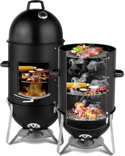 3-in-1-Vertikal-Holzkohle-Smoker aus Stahl, robuster, runder 3-lagiger BBQ-Grill „Smokey Mountain Cooker“ zum Kochen im Freien, schwarz