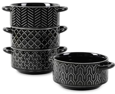 Sureasy Soup Bowls with Handles, Ceramic French Onion Soup Bowls 20 oz, Oven Safe Soup Crocks for Beef Stew, Chili, Cereal, Pot Pies, Embossed Serving Bowls Set of 4, Gift, Black