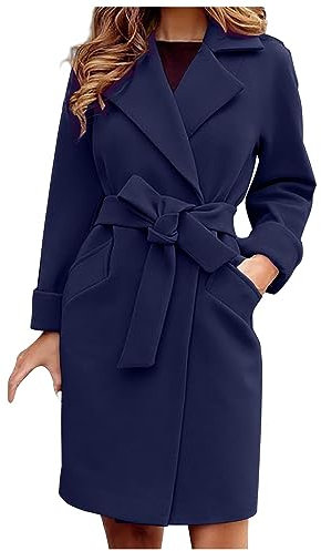 Discounter Wollmantel Damen Lang Übergangsjacke Trenchcoat Slim Fit Herbstjacke mit Gürtel Elegant Revers Übergangsmantel Langarm Winterjacke Cardigan Einfarbig Wintermantel Outwear Damen-Jacken