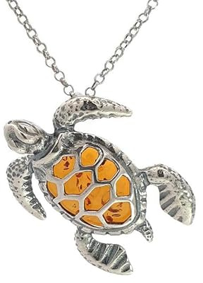 Kiara Jewellery Halskette aus Sterlingsilber, große Schildkröte/Schildkröte, mit Cognac-Bernsteinen, 45,7 cm lange Sterlingsilber-Kette., Large, Silber, Bernstein