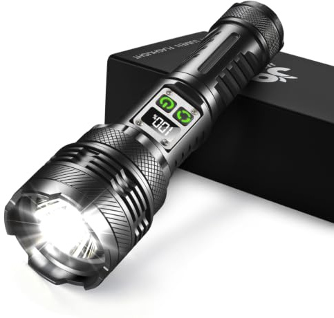 Torches LED Super Bright 1000000 Lumens, High Power Rechargeable Torch 5000mAh & 12 Hours Long Lasting, Dual Switches Stepless Dimming 5 Modes, IPX7 Waterproof, Ideal for Camping, Emergency & Hunting