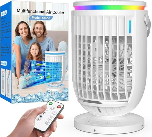 Portable Air Conditioners Fan,Portable AC Unit With 1200ML Water Tank,4-IN-1 Evaporative Air Cooler with Remote Control 7 Color Light Personal Mini Air Conditioner Portable for Room Car