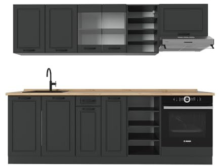 Vicco Küchenzeile R-Line, Anthrazit Landhaus/Anthrazit, 240 cm, AP Eiche