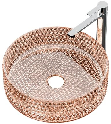 EMKE Lavabo da Appoggio in Vetro Cristallo, Rotondo Rosa Dorato, 36 x 36 x 11,2 cm – Lavabo per Bagno e WC Ospiti, Senza Foro per Rubinetto