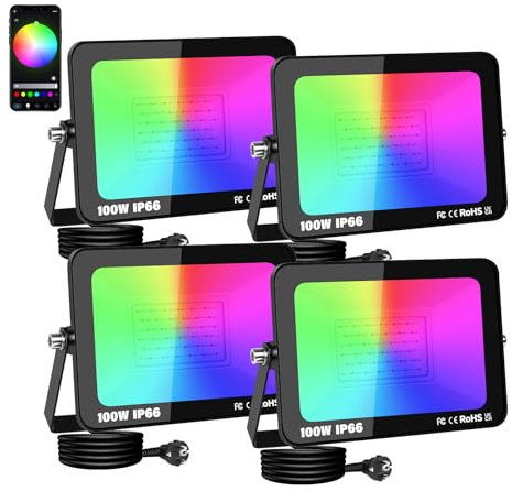 RIGIDON 4 Pcs 100W RGB Projecteur LED Exterieur, 10000LM Intelligente Multicolore Spot LED Couleur, IP66 Etanche changement de couleur RGBW Interieur pour Terrasse Jardin Garage lampe
